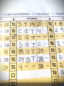 An example of the attendance sheet filled out with student attendance information.