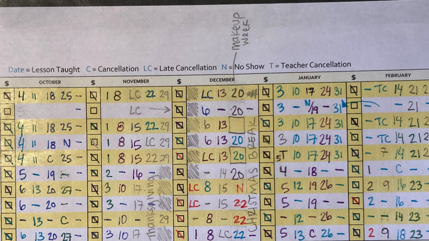 Lesson Attendance Sheet & Payment Tracker